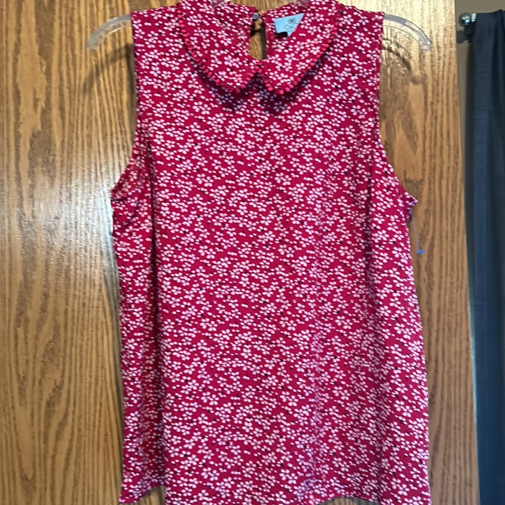 Red and white sleeveless blouse  Peter pan collar